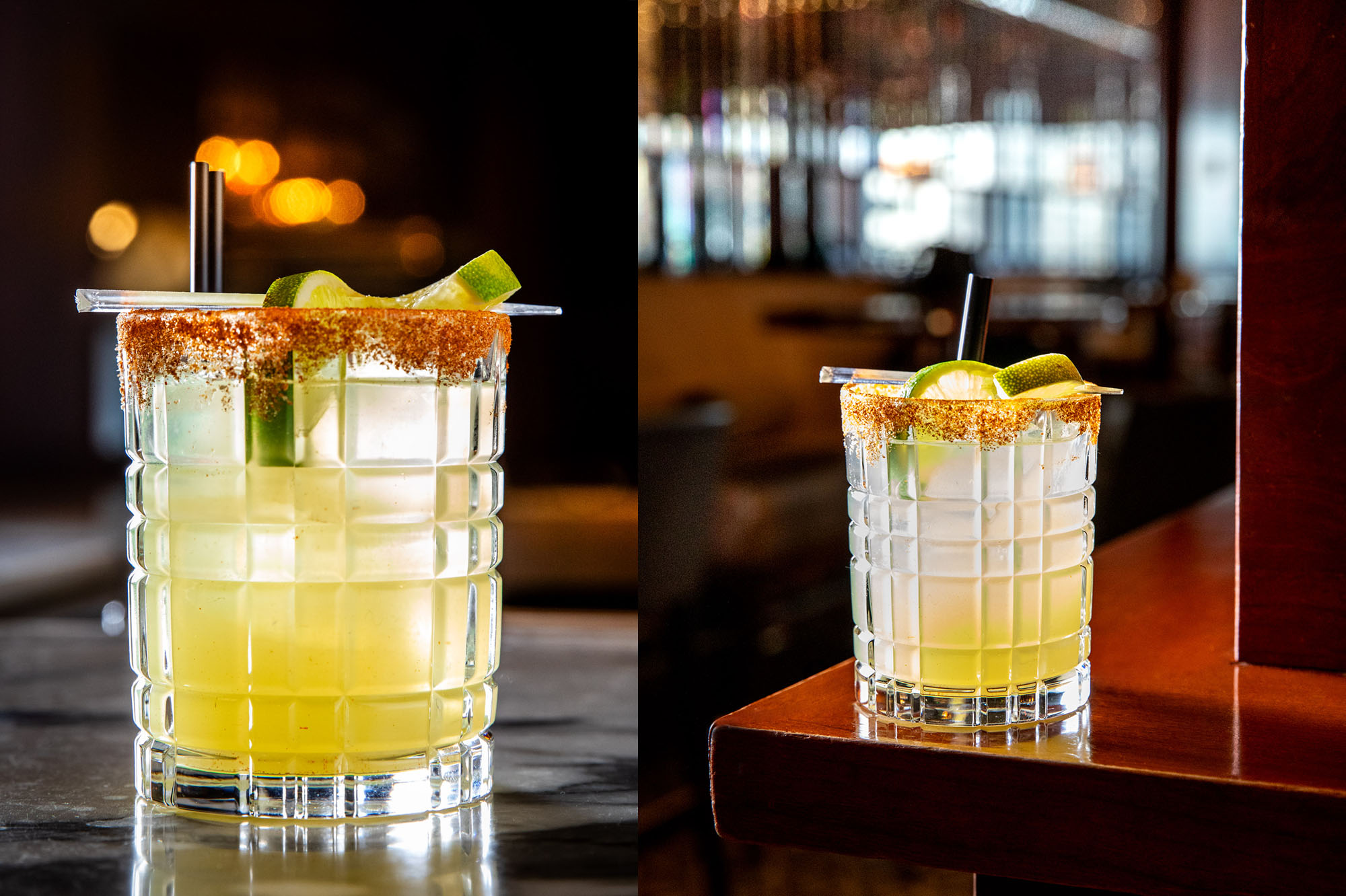 A glowing cocktail photographed at a bar